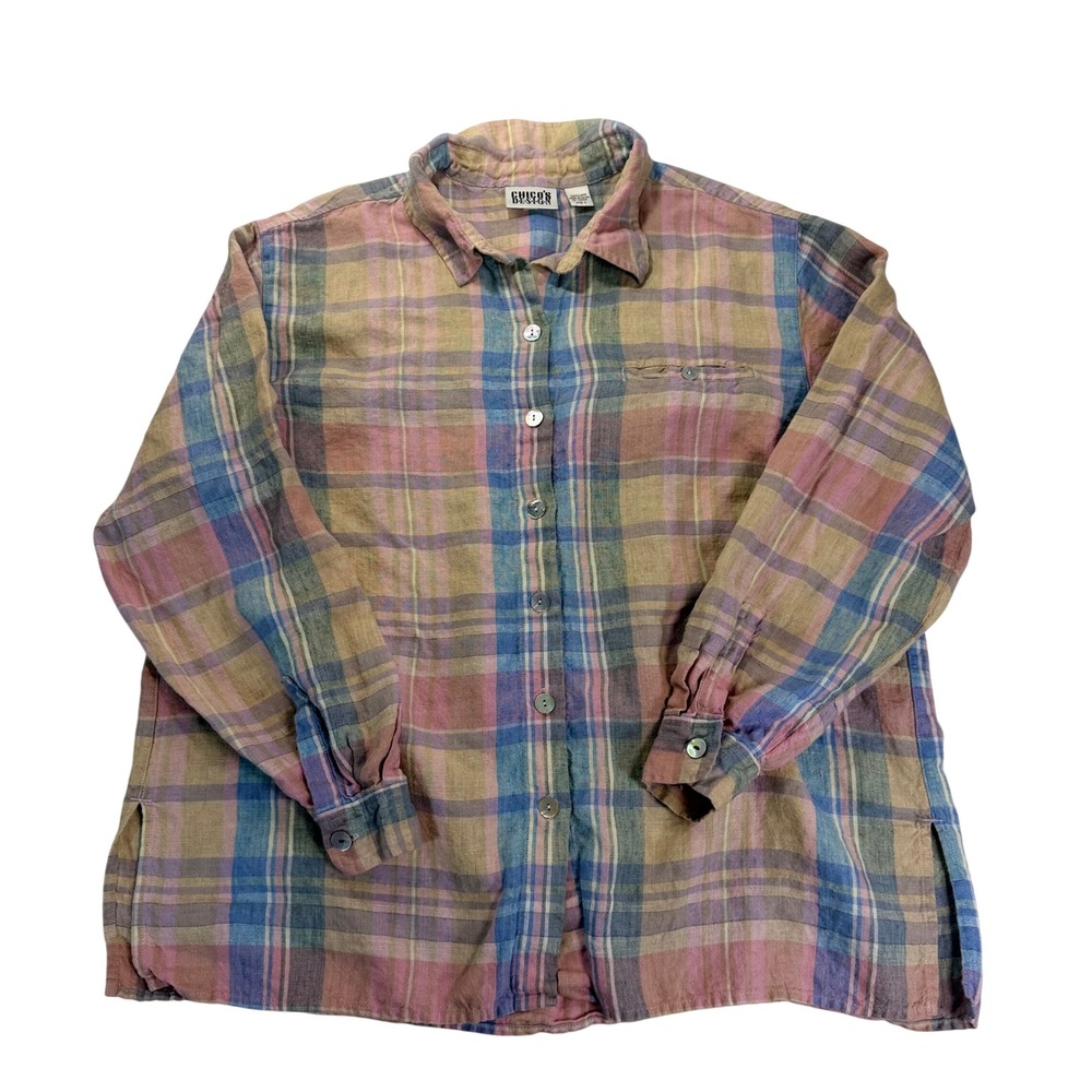 Chicos Design 100% Linen Plaid Button Down Shirt Pastel Pink Blue 3 VTG 90s